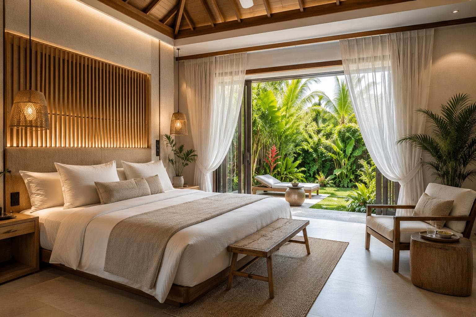 Chambre lumineuse ouverte sur un jardin tropical